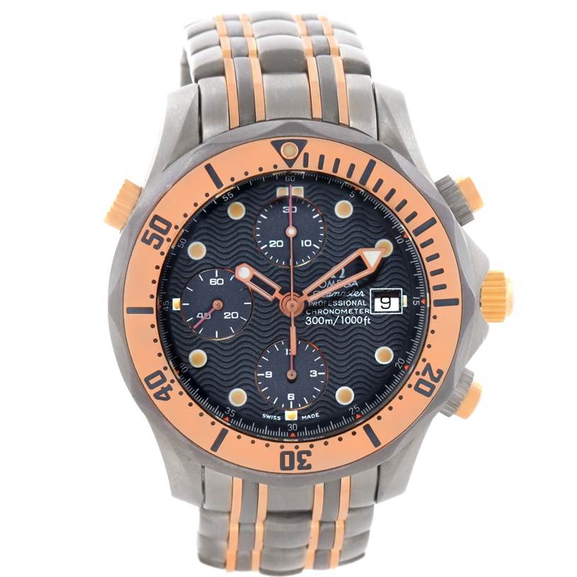 The image shows an Omega Seamaster 2296.80.00 Men's Titanium Blue Dial 2296.80.00 Men's Titanium Blue Dial watch from the front, highlighting its bezel, bracelet, dial, and chronograph functions.