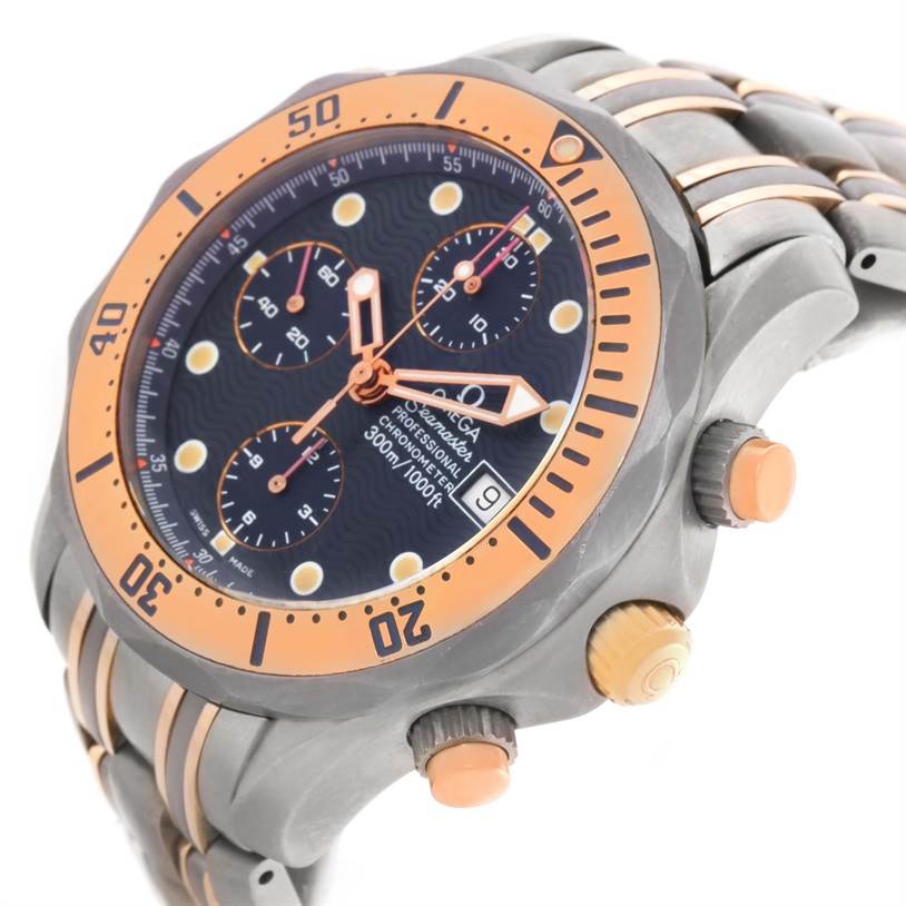 The image shows an Omega Seamaster 2296.80.00 Men's Titanium Blue Dial 2296.80.00 Men's Titanium Blue Dial watch at a three-quarter angle, highlighting the bezel, chronograph dials, and buttons.