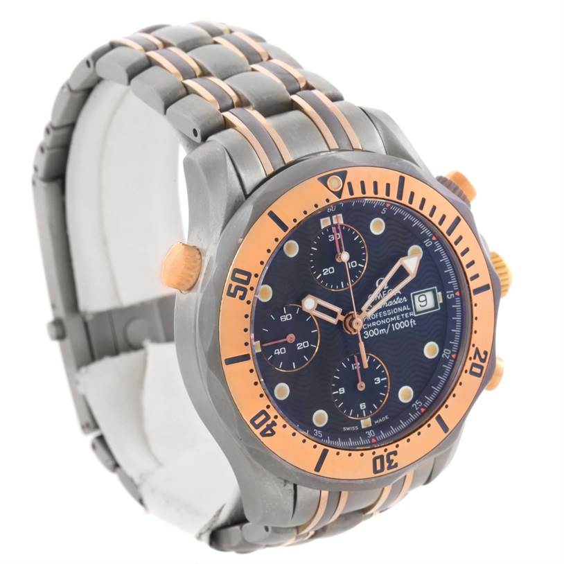 The image shows an angled side view of an Omega Seamaster 2296.80.00 Men's Titanium Blue Dial 2296.80.00 Men's Titanium Blue Dial watch, highlighting its face, bezel, bracelet, crown, and chronograph pushers.