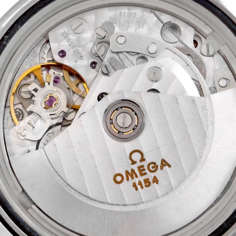The image shows the internal mechanical movement of the Omega Seamaster 2296.80.00 Men's Titanium Blue Dial 2296.80.00 Men's Titanium Blue Dial watch from a close-up angle.