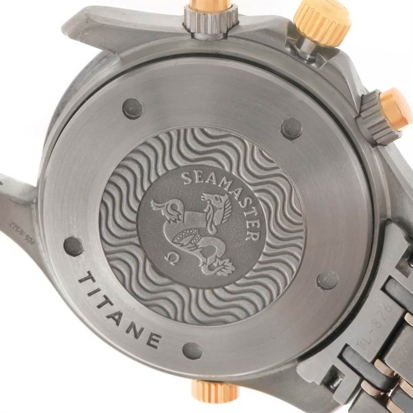 This image shows the back casing and crown of an Omega Seamaster 2296.80.00 Men's Titanium Blue Dial 2296.80.00 Men's Titanium Blue Dial watch, highlighting its "TITANE" marking.