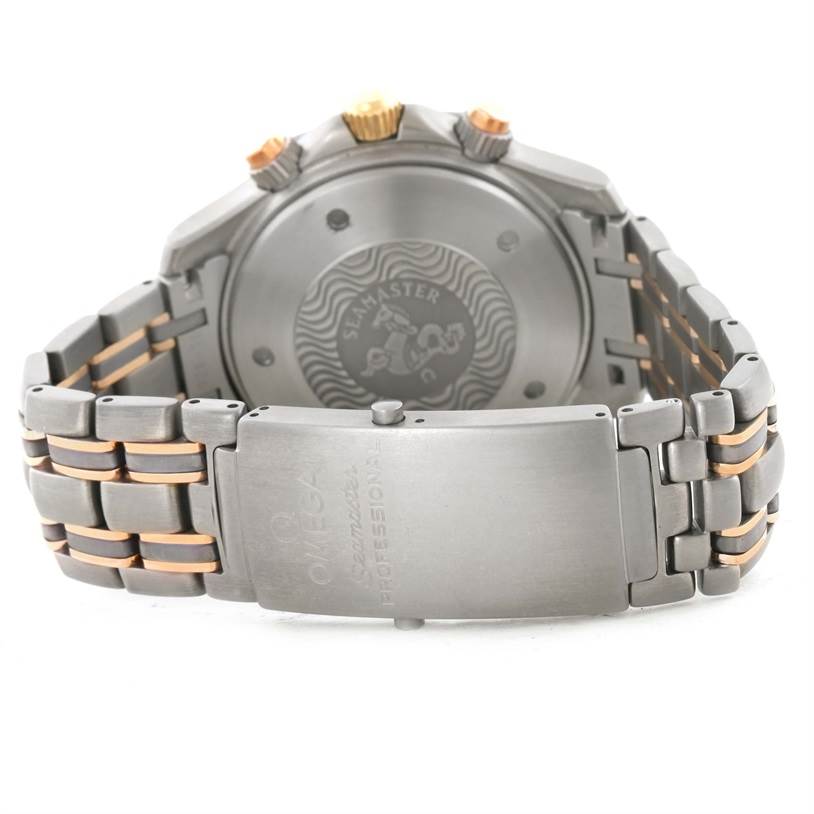 The image shows the backside and clasp of an Omega Seamaster 2296.80.00 Men's Titanium Blue Dial 2296.80.00 Men's Titanium Blue Dial watch, highlighting the bracelet and case back with the Seamaster engraving.