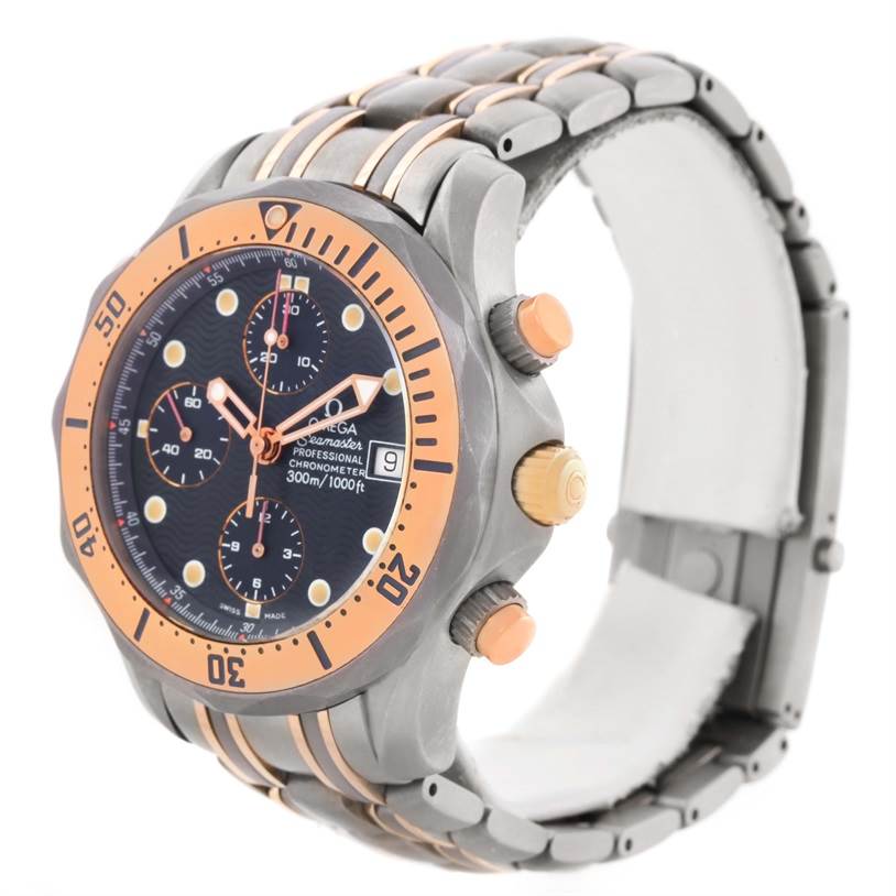 The Omega Seamaster 2296.80.00 Men's Titanium Blue Dial 2296.80.00 Men's Titanium Blue Dial model is shown at a three-quarter angle, displaying the face, bezel, crown, and bracelet.