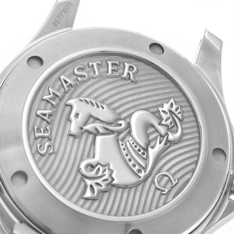 The image shows the case back of the Omega Seamaster 212.30.36.20.01.002 Men's Stainless Steel Black Dial 212.30.36.20.01.002 Men's Stainless Steel Black Dial watch, displaying the engraved logo and model name from an angled perspective.