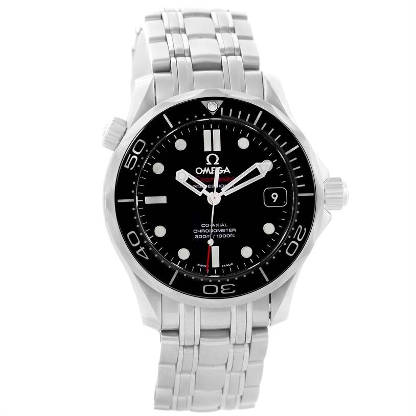 The image shows a front view of an Omega Seamaster 212.30.36.20.01.002 Men's Stainless Steel Black Dial 212.30.36.20.01.002 Men's Stainless Steel Black Dial watch, displaying the dial, bezel, case, and metal bracelet.