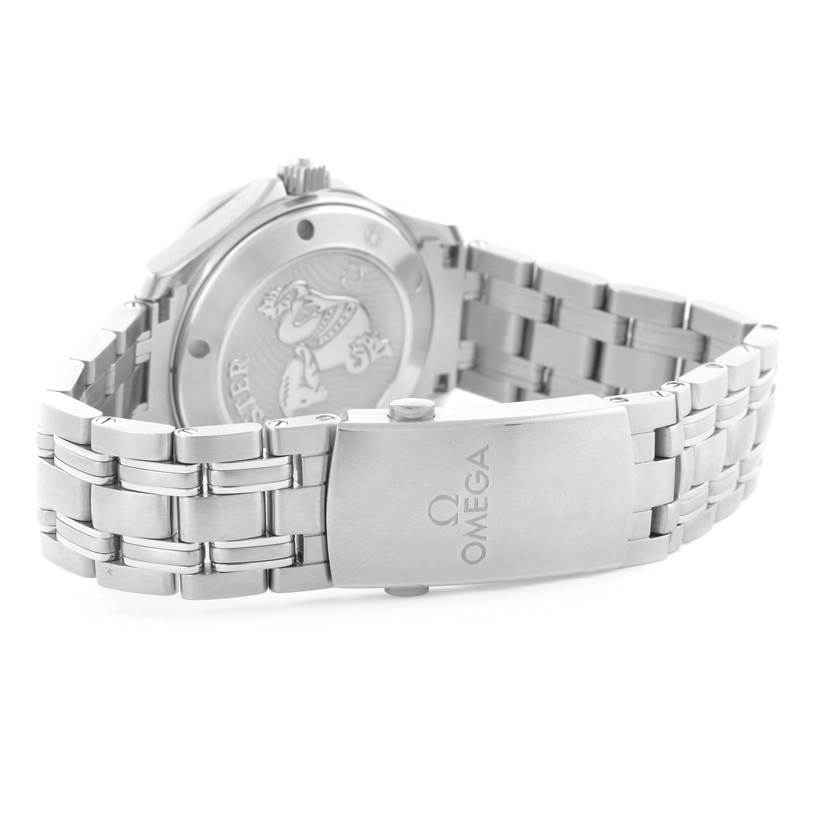 This image shows the back and bracelet of an Omega Seamaster 212.30.36.20.01.002 Men's Stainless Steel Black Dial 212.30.36.20.01.002 Men's Stainless Steel Black Dial watch, emphasizing the clasp and case back details.