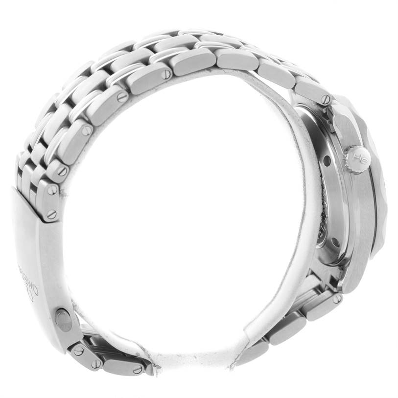 This image shows the side view of the stainless steel bracelet and crown of the Omega Seamaster 212.30.36.20.01.002 Men's Stainless Steel Black Dial 212.30.36.20.01.002 Men's Stainless Steel Black Dial watch.