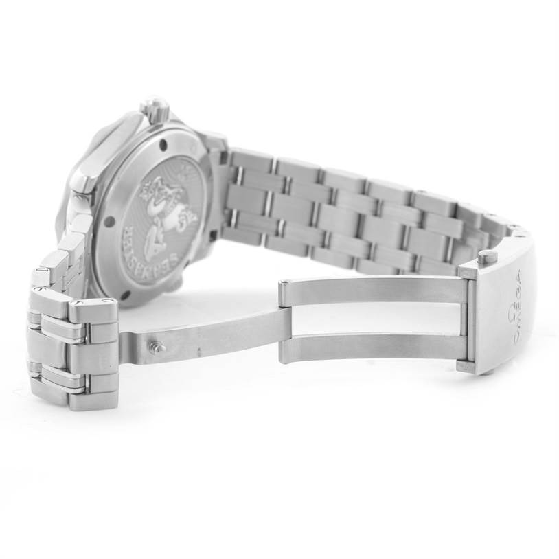 The image shows the back and bracelet clasp of the Omega Seamaster 212.30.36.20.01.002 Men's Stainless Steel Black Dial 212.30.36.20.01.002 Men's Stainless Steel Black Dial watch, displaying the watch's case back and partially open metal bracelet.