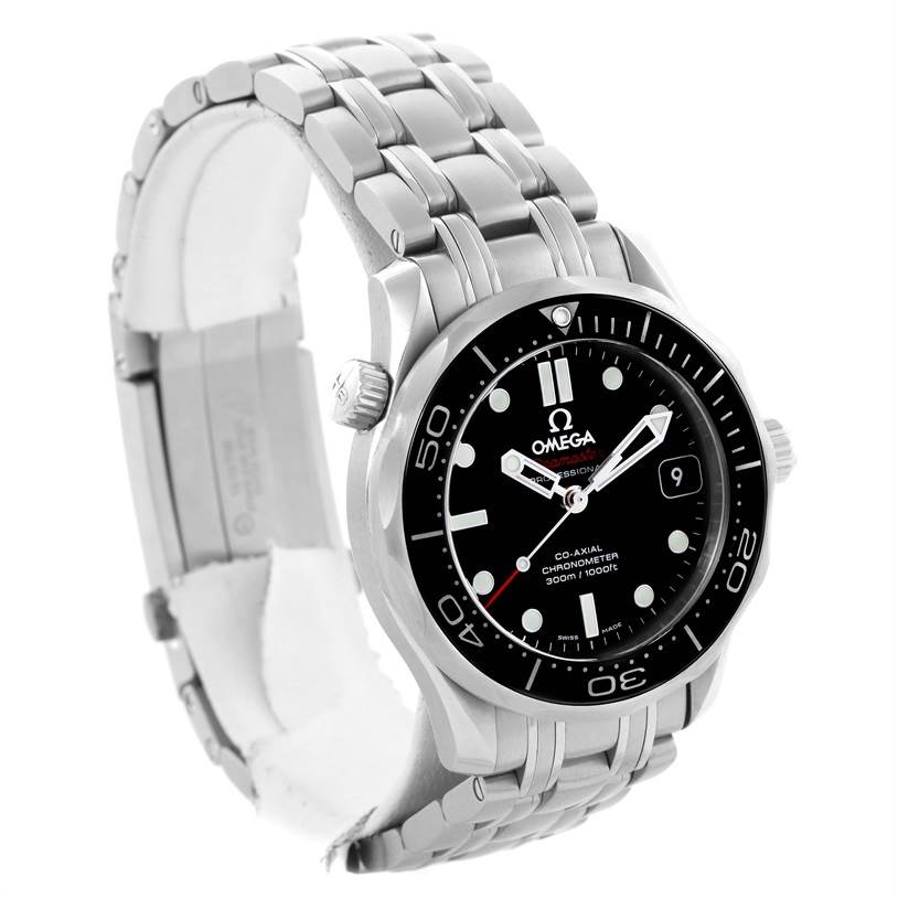 The Omega Seamaster 212.30.36.20.01.002 Men's Stainless Steel Black Dial 212.30.36.20.01.002 Men's Stainless Steel Black Dial watch is shown at a slight angle displaying its face, crown, bezel, and metal bracelet.