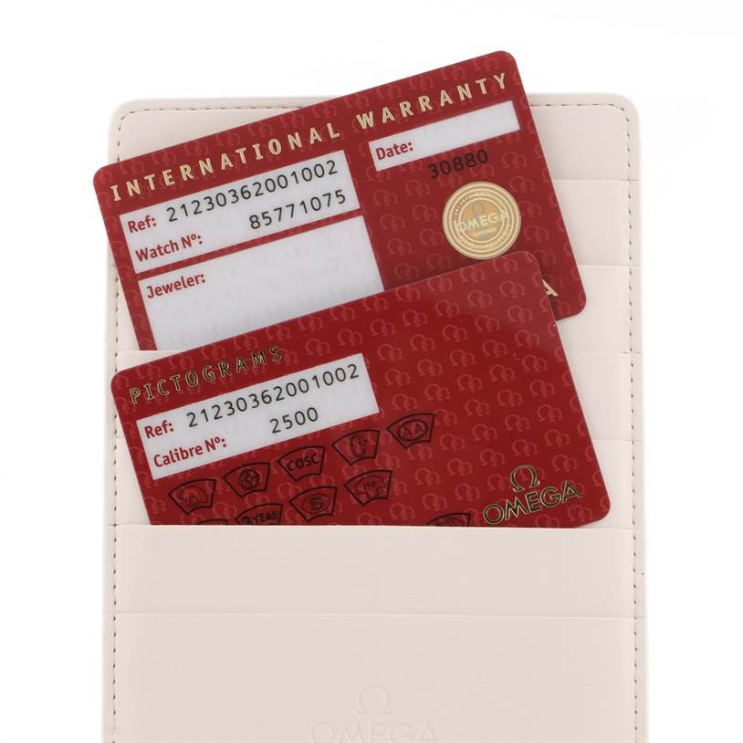 The image shows the international warranty and pictograms cards for an Omega Seamaster 212.30.36.20.01.002 Men's Stainless Steel Black Dial 212.30.36.20.01.002 Men's Stainless Steel Black Dial watch.