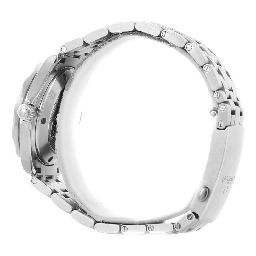 This side view of the Omega Seamaster 212.30.36.20.01.002 Men's Stainless Steel Black Dial 212.30.36.20.01.002 Men's Stainless Steel Black Dial watch shows the bracelet and clasp.