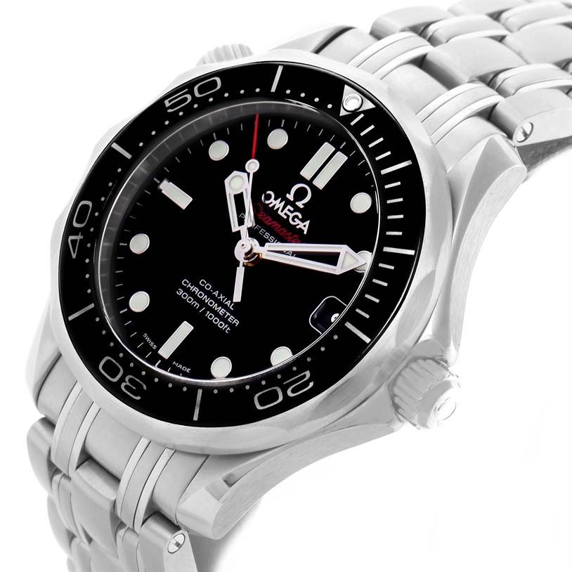 The Omega Seamaster 212.30.36.20.01.002 Men's Stainless Steel Black Dial 212.30.36.20.01.002 Men's Stainless Steel Black Dial watch is shown at a three-quarter angle, highlighting the dial, bezel, and stainless steel bracelet.