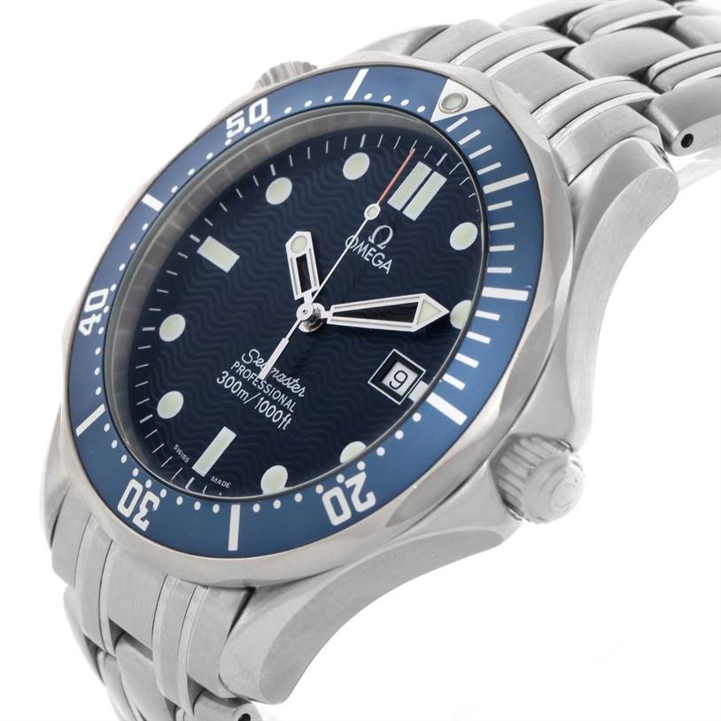 The image shows the Omega Seamaster 2541.80.00 Men
s Stainless Steel Blue Dial 2541.80.00 Men
s Stainless Steel Blue Dial Professional watch from an angled side view, displaying the dial, bezel, and part of the bracelet.