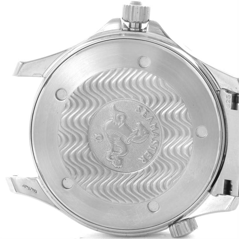 The image shows the back case of an Omega Seamaster 2541.80.00 Men
s Stainless Steel Blue Dial 2541.80.00 Men
s Stainless Steel Blue Dial watch at a slight angle, displaying the logo and wave pattern.