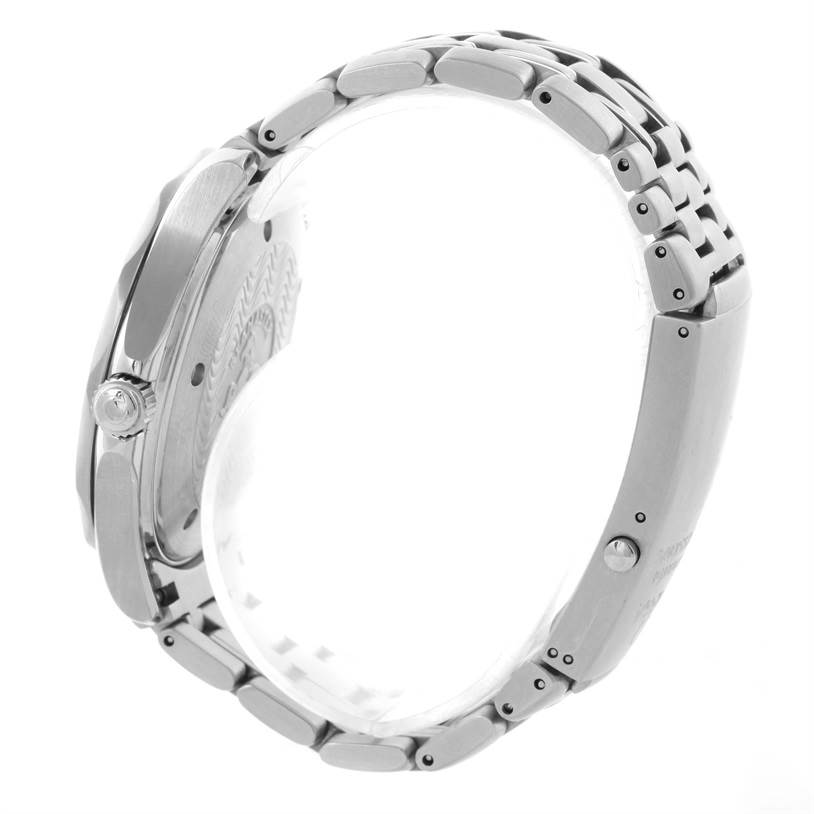 The image shows a side view of an Omega Seamaster 2541.80.00 Men
s Stainless Steel Blue Dial 2541.80.00 Men
s Stainless Steel Blue Dial watch, highlighting the case, crown, and metal bracelet.