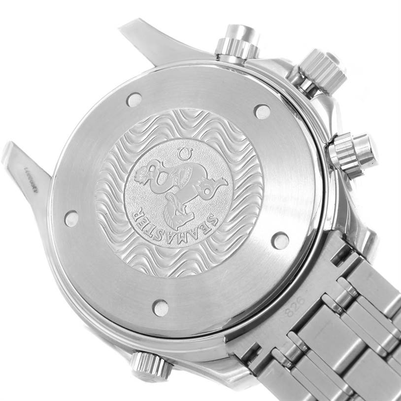 The image shows the back case and part of the bracelet of an Omega Seamaster 2599.80.00 Men
s Stainless Steel Blue Dial 2599.80.00 Men
s Stainless Steel Blue Dial model watch.