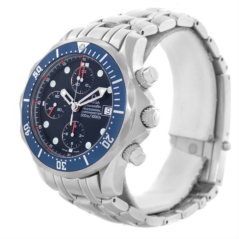 The image shows a side angle of the Omega Seamaster watch, highlighting its bezel, face, and stainless steel bracelet.