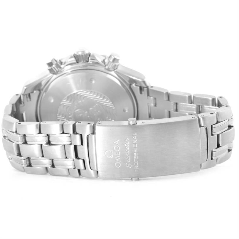 The image shows the rear view of an Omega Seamaster 2599.80.00 Men
s Stainless Steel Blue Dial 2599.80.00 Men
s Stainless Steel Blue Dial watch, specifically featuring the watch
s clasp and some back case detailing.