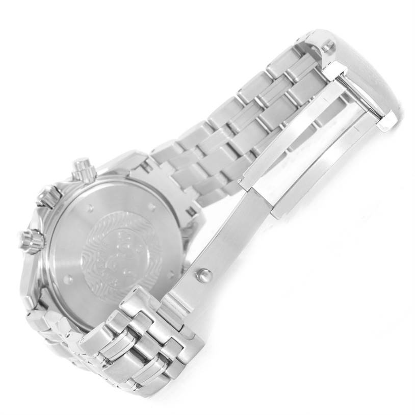 The image shows the back and bracelet clasp of an Omega Seamaster 2599.80.00 Men
s Stainless Steel Blue Dial 2599.80.00 Men
s Stainless Steel Blue Dial watch at an open angle.