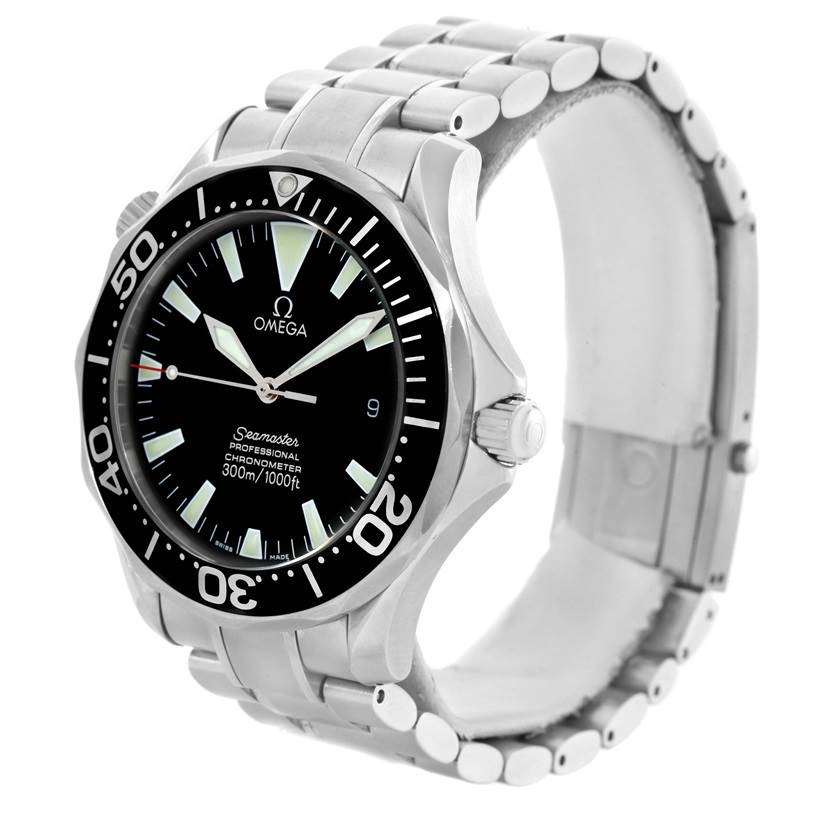 The Omega Seamaster 2254.50.00 Men
s Stainless Steel Black Dial 2254.50.00 Men
s Stainless Steel Black Dial watch is shown from an angled front view, displaying its face, bezel, dial, hands, and metal bracelet.