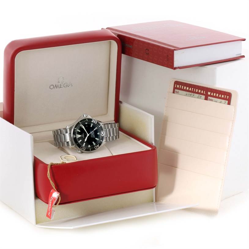 The image shows an Omega Seamaster 2254.50.00 Men
s Stainless Steel Black Dial 2254.50.00 Men
s Stainless Steel Black Dial watch from a front angle, displayed in a red box with its international warranty card.