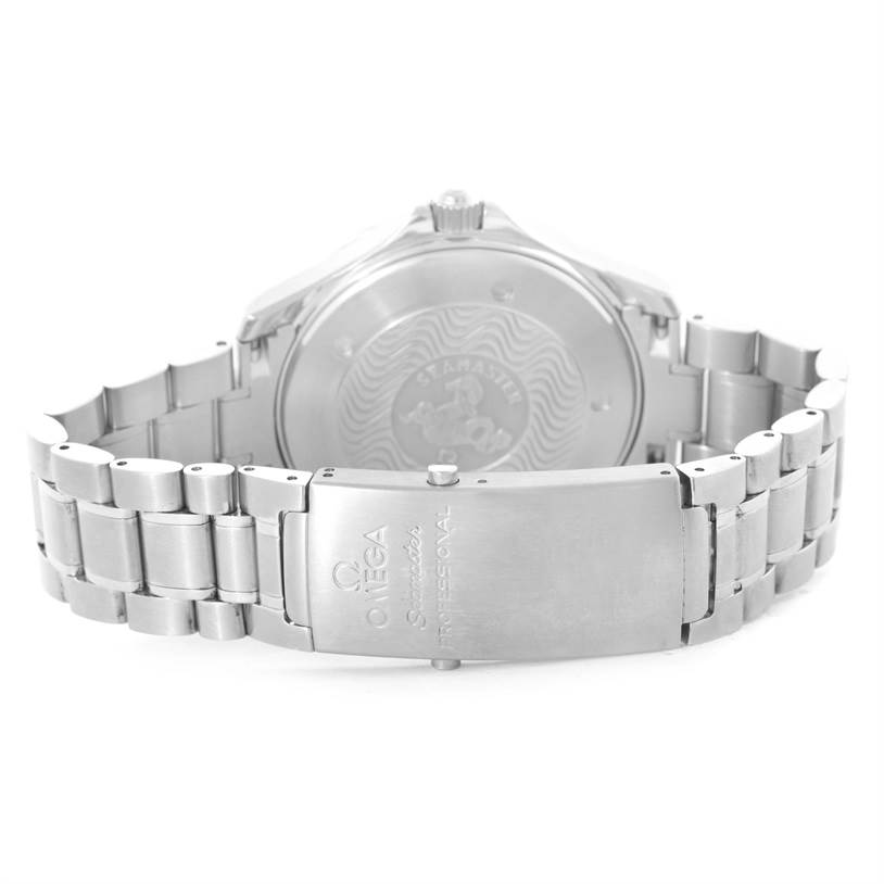 The image shows the back view of an Omega Seamaster 2254.50.00 Men
s Stainless Steel Black Dial 2254.50.00 Men
s Stainless Steel Black Dial watch, focusing on the metal bracelet and engraved clasp.