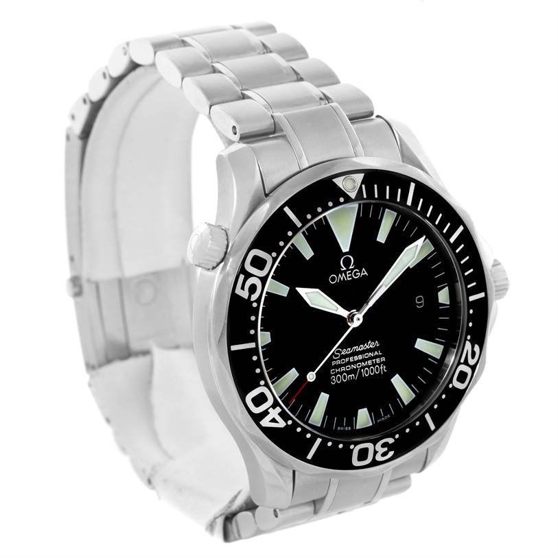 The image shows an Omega Seamaster 2254.50.00 Men
s Stainless Steel Black Dial 2254.50.00 Men
s Stainless Steel Black Dial watch at a front-left angle, displaying the face, bezel, and metal bracelet.