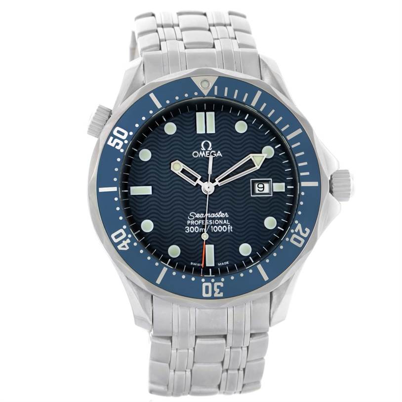The Omega Seamaster 2541.80.00 Men
s Stainless Steel Blue Dial 2541.80.00 Men
s Stainless Steel Blue Dial watch is shown from the front, displaying its face, bezel, and bracelet.