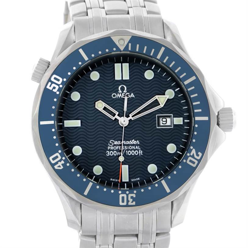 This image shows a front view of the Omega Seamaster 2541.80.00 Men
s Stainless Steel Blue Dial 2541.80.00 Men
s Stainless Steel Blue Dial Professional watch, highlighting its blue dial and stainless steel bracelet.
