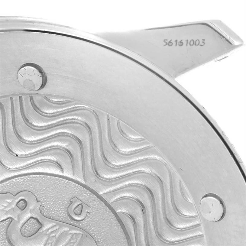 This image shows a close-up of the back case of an Omega Seamaster 2541.80.00 Men
s Stainless Steel Blue Dial 2541.80.00 Men
s Stainless Steel Blue Dial watch, highlighting its engravings and texture.