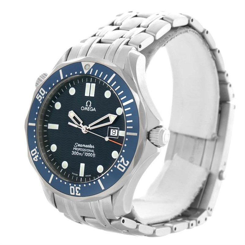 This image shows a side-angle view of an Omega Seamaster watch, highlighting the face, bezel, and metal bracelet.