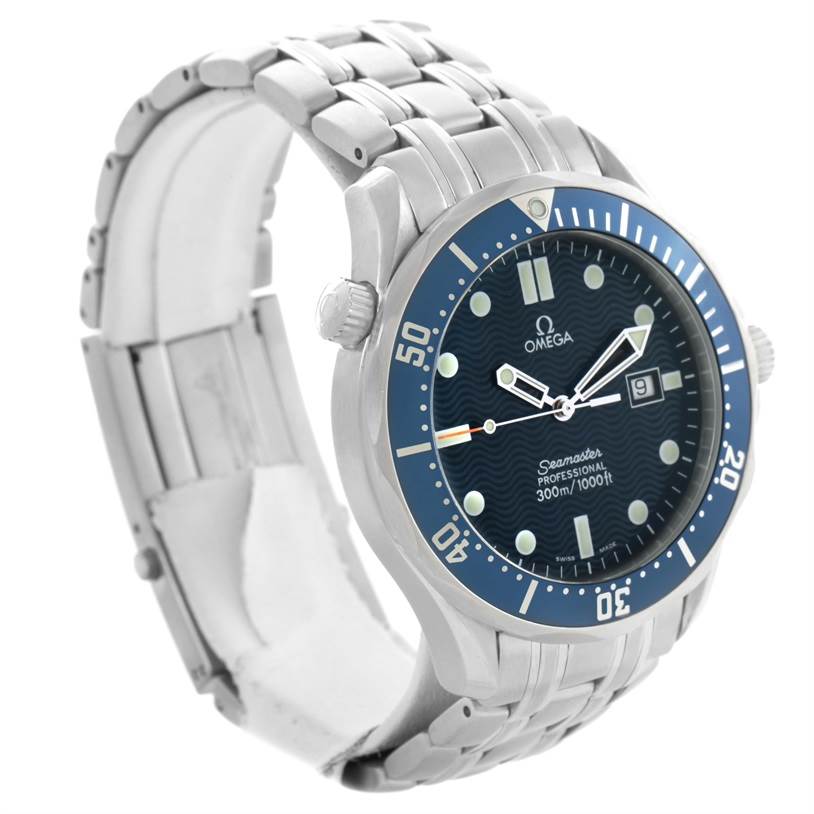 The Omega Seamaster 2541.80.00 Men
s Stainless Steel Blue Dial 2541.80.00 Men
s Stainless Steel Blue Dial watch is shown at an angle highlighting the face, bezel, crown, and stainless steel band.
