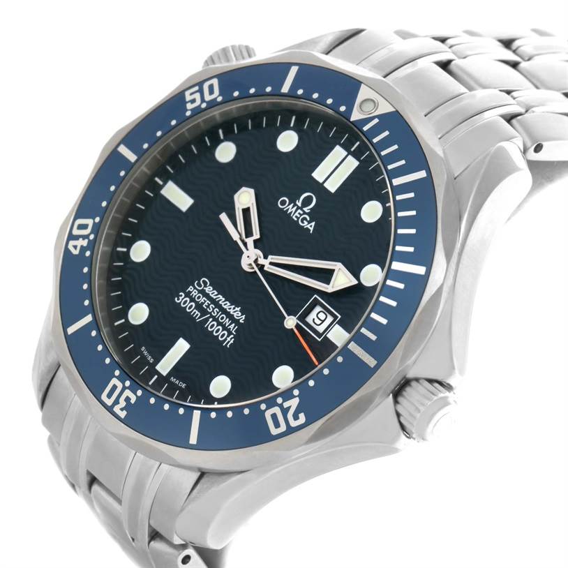 The Omega Seamaster 2541.80.00 Men
s Stainless Steel Blue Dial 2541.80.00 Men
s Stainless Steel Blue Dial watch is shown at a three-quarter angle, highlighting its dial, bezel, and part of the stainless steel bracelet.
