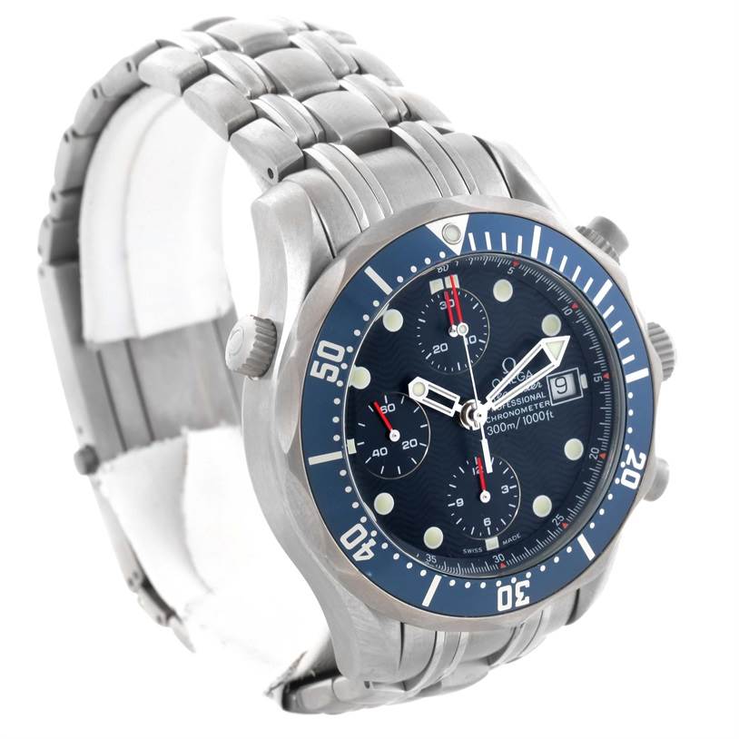 This Omega Seamaster 2298.80.00 Men's Titanium Blue Dial 2298.80.00 Men's Titanium Blue Dial watch is shown from an angle highlighting the face, bezel, crown, pushers, and part of the bracelet.