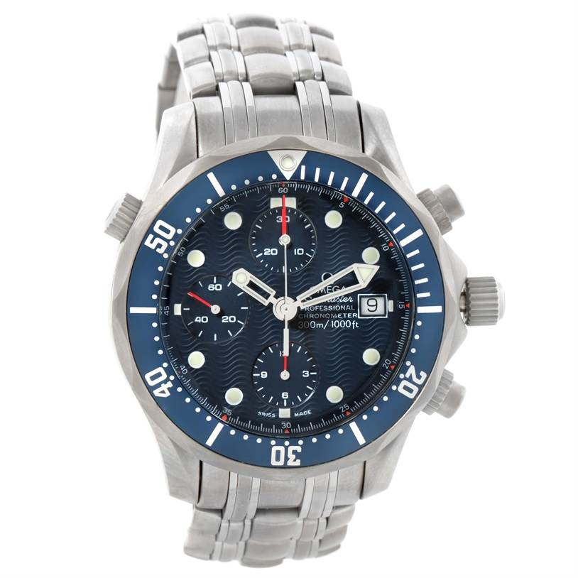 The image shows the front view of the Omega Seamaster 2298.80.00 Men's Titanium Blue Dial 2298.80.00 Men's Titanium Blue Dial watch, highlighting its blue dial, bezel, and metal bracelet.
