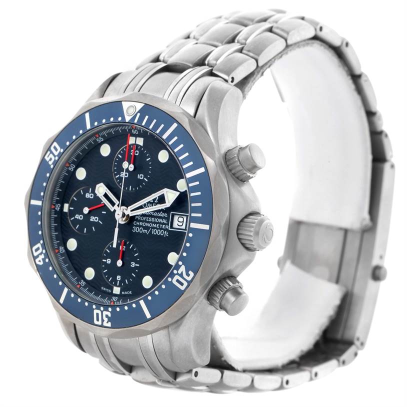 The image shows an angled side view of the Omega Seamaster 2298.80.00 Men's Titanium Blue Dial 2298.80.00 Men's Titanium Blue Dial watch, highlighting its face, bezel, crown, pushers, and stainless steel bracelet.