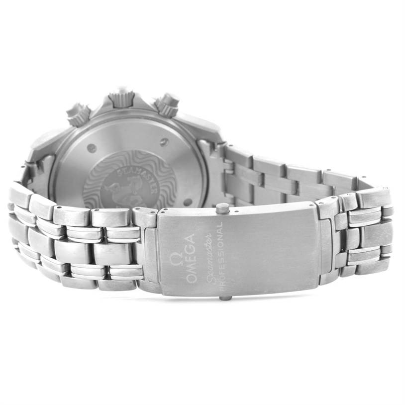 The image shows the back view of an Omega Seamaster 2298.80.00 Men's Titanium Blue Dial 2298.80.00 Men's Titanium Blue Dial watch, displaying its metal bracelet and clasp.