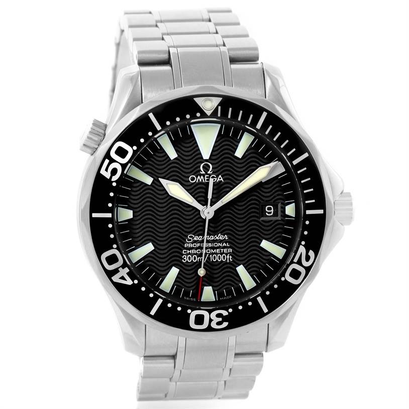 The Omega Seamaster 2254.50.00 Men
s Stainless Steel Black Dial 2254.50.00 Men
s Stainless Steel Black Dial watch is shown from a front angle, displaying the dial, bezel, hands, and stainless steel bracelet.