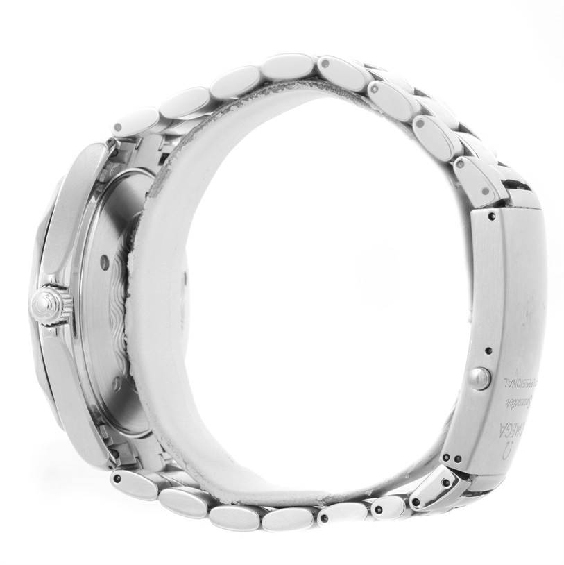 The image shows a side view of an Omega Seamaster 2254.50.00 Men
s Stainless Steel Black Dial 2254.50.00 Men
s Stainless Steel Black Dial watch, focusing on the stainless steel bracelet and crown.