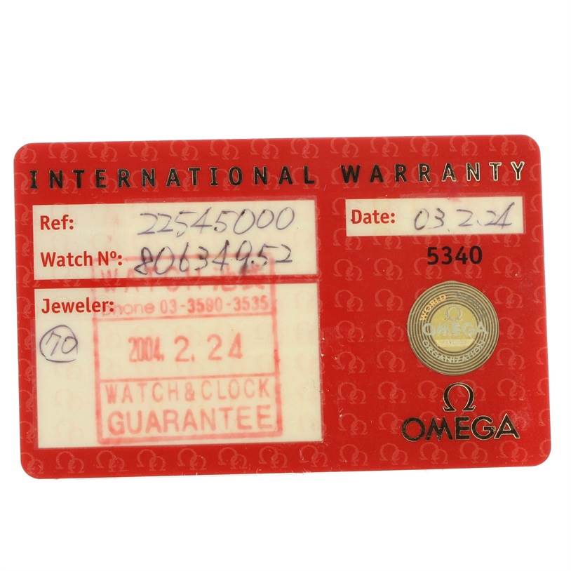 This image shows an International Warranty card for the Omega Seamaster 2254.50.00 Men
s Stainless Steel Black Dial 2254.50.00 Men
s Stainless Steel Black Dial watch model.