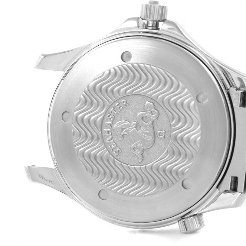 This image shows the back case of an Omega Seamaster 2531.80.00 Men
s Stainless Steel Blue Dial 2531.80.00 Men
s Stainless Steel Blue Dial watch, highlighting its engraved design and crown.