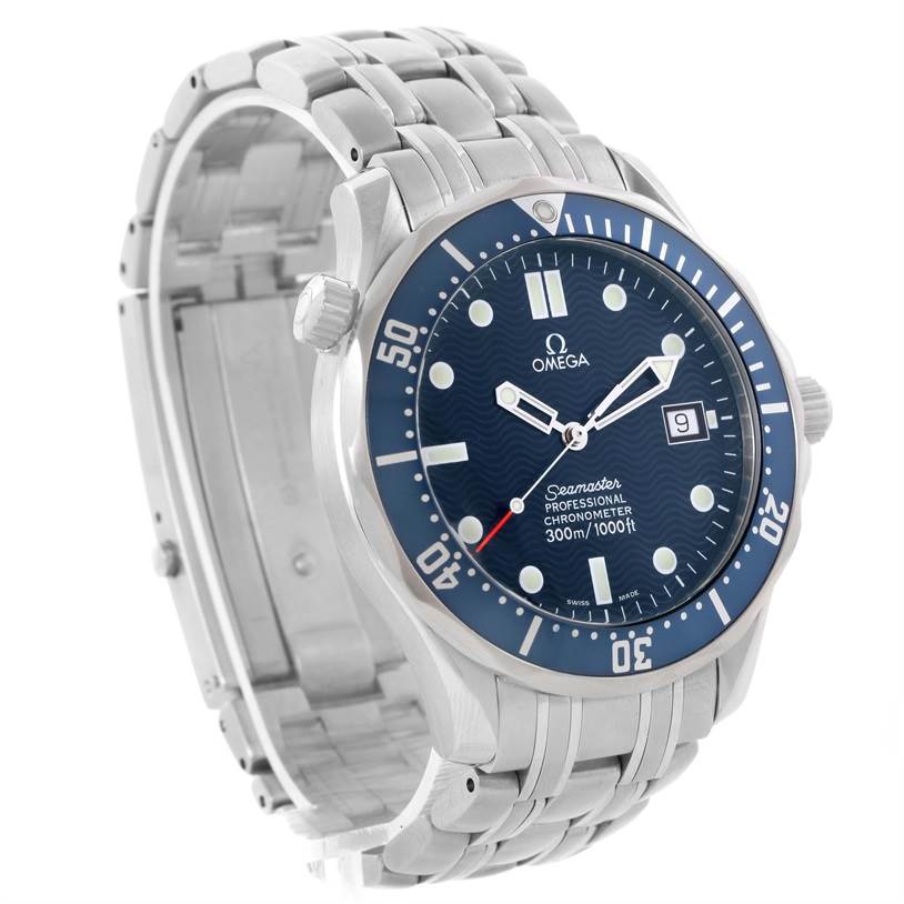 The image shows a quarter side angle of the Omega Seamaster 2531.80.00 Men
s Stainless Steel Blue Dial 2531.80.00 Men
s Stainless Steel Blue Dial watch, highlighting its dial, bezel, and bracelet.