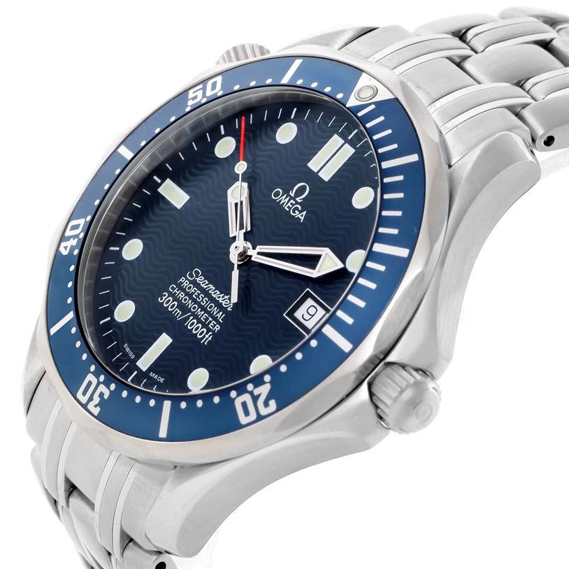 The Omega Seamaster 2531.80.00 Men
s Stainless Steel Blue Dial 2531.80.00 Men
s Stainless Steel Blue Dial watch is shown at an angled front view, displaying the dial, bezel, crown, and part of the metal bracelet.