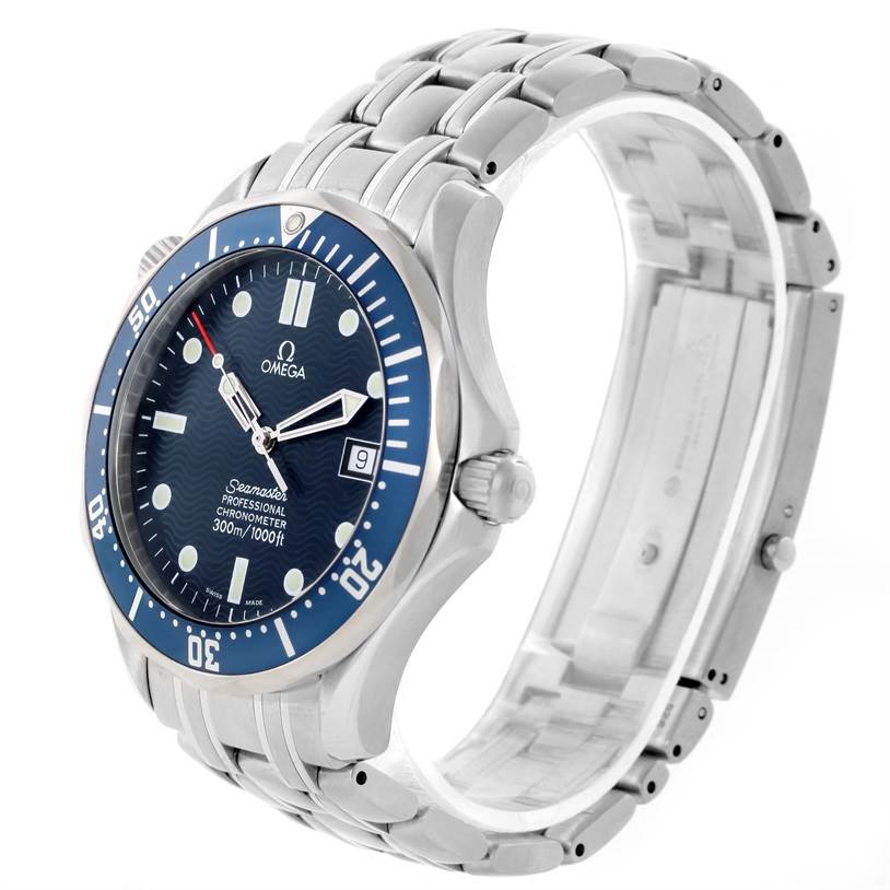 The Omega Seamaster 2531.80.00 Men
s Stainless Steel Blue Dial 2531.80.00 Men
s Stainless Steel Blue Dial watch is shown in a three-quarter view, highlighting the face, bezel, crown, and metal bracelet.