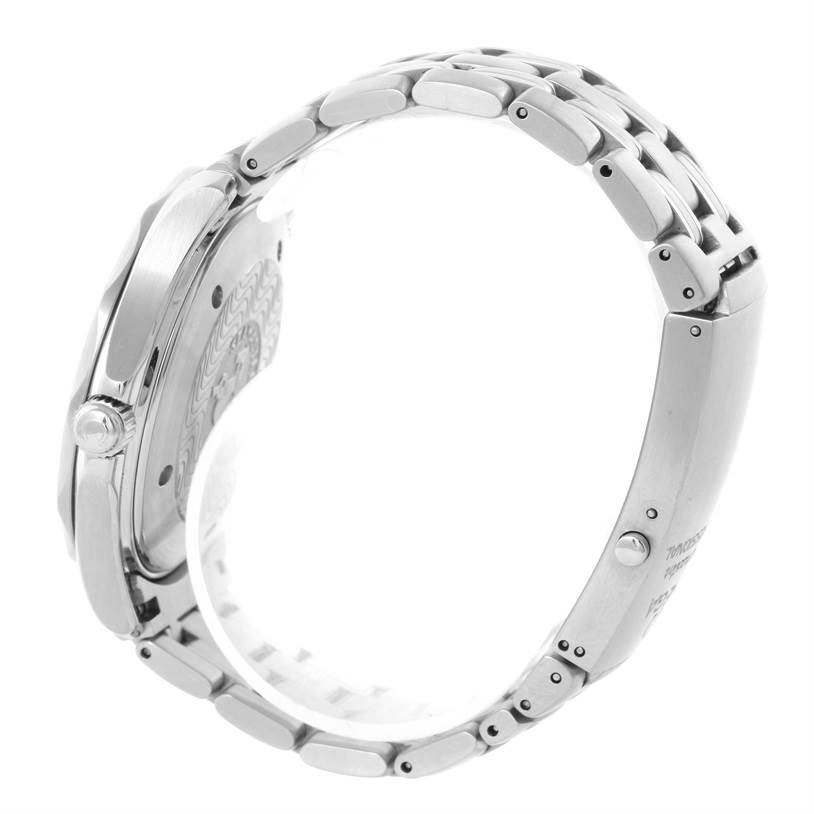 The image shows a side view of the Omega Seamaster 2531.80.00 Men
s Stainless Steel Blue Dial 2531.80.00 Men
s Stainless Steel Blue Dial watch highlighting its bezel, crown, and metal bracelet.