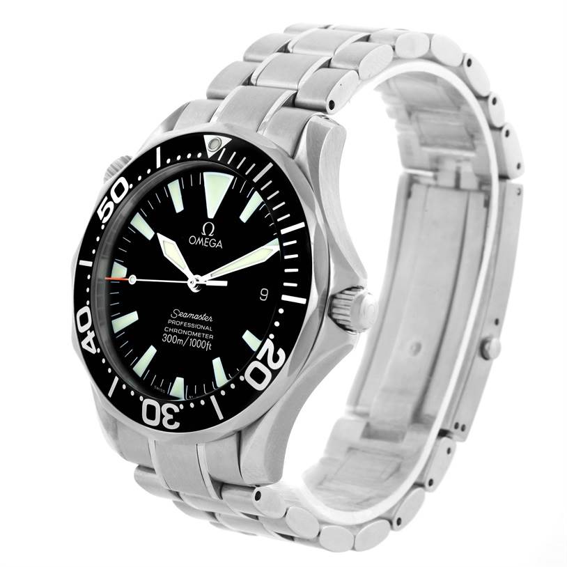 The image shows a side and angled view of an Omega Seamaster 2254.50.00 Men
s Stainless Steel Black Dial 2254.50.00 Men
s Stainless Steel Black Dial watch, highlighting its black dial, bezel, and metal bracelet.