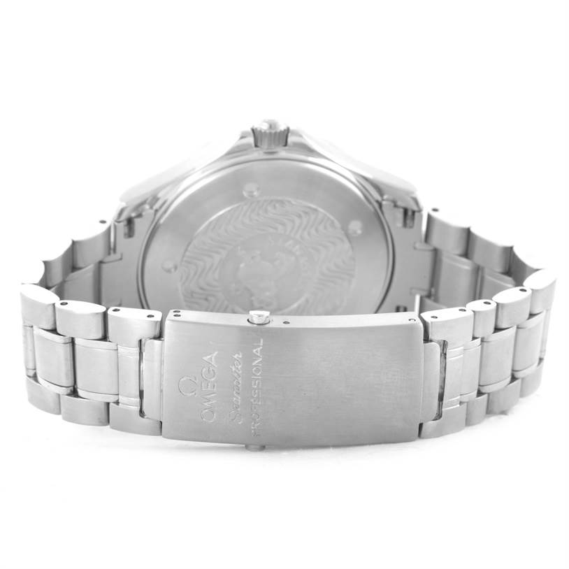 The image shows the back view of the Omega Seamaster 2254.50.00 Men
s Stainless Steel Black Dial 2254.50.00 Men
s Stainless Steel Black Dial watch, highlighting its case back and metal bracelet with the clasp visible.