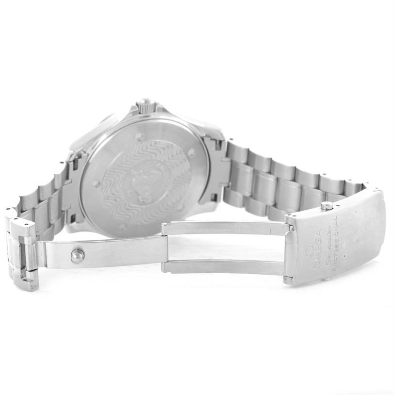 The image shows the back case and open stainless steel bracelet clasp of an Omega Seamaster 2254.50.00 Men
s Stainless Steel Black Dial 2254.50.00 Men
s Stainless Steel Black Dial watch.