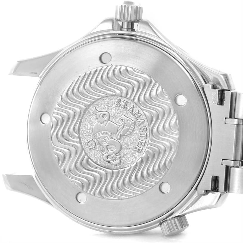 This image shows the back case of an Omega Seamaster 2254.50.00 Men
s Stainless Steel Black Dial 2254.50.00 Men
s Stainless Steel Black Dial watch, highlighting its intricate design and branded emblem.