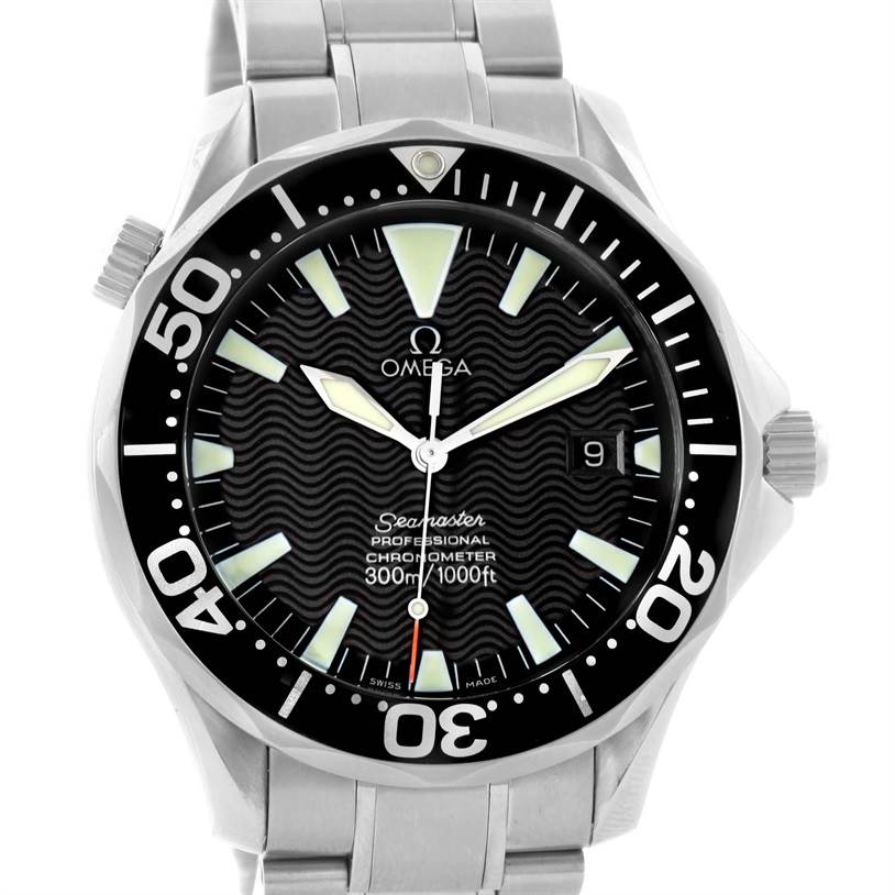 The image shows a frontal view of an Omega Seamaster 2254.50.00 Men
s Stainless Steel Black Dial 2254.50.00 Men
s Stainless Steel Black Dial watch, displaying the face, bezel, hands, crown, and part of the bracelet.